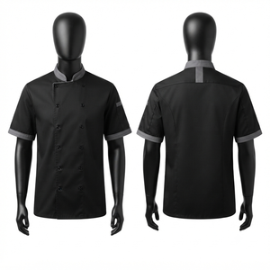 เสื้อเชฟผ้าทอพรีเมียม Blackhardson 200 GSM โพลีคอตตอน พิมพ์ลายซิลค์สกรีน สีดำ-เทา ตัดต่อผ้าสีตัดกัน พร้อมปักโลโก้ตามสั่ง แขนสั้น - Product Image 1