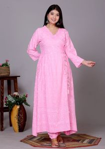 NIYANI Ensemble 3 pièces Salwar Kameez Anarkali Chikankari rose à manches longues, style décontracté indien/pakistanais, en rayonne d'été avec dupatta en dentelle, effet froissé - Product Image 2