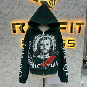 เสื้อฮู้ดซิปแบบครอปขนาดใหญ่พิเศษ สีม่วงวินเทจ พิมพ์ลายกราฟิก ผ้าฟลีซคอตตอน สตรีทแวร์  OEM ODM - Product Image 5