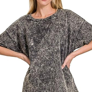 <b>Round</b> Neck Female Soft Breathable Women Acid Wash T-shirt Regular Fit Plain style Durable Loose Fitting Women Acid Wash T-shirt - Product Image 5