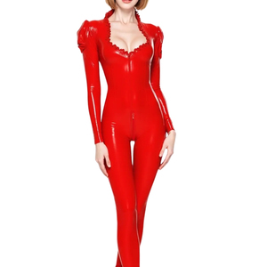 Mono largo rojo de mujer con revestimiento de PU, cintura alta, ajustado, con cremallera frontal y cuello con volantes, estilo clubwear, corte ceñido. - Product Image 3