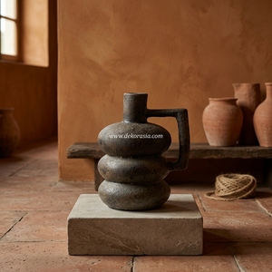 Vase à bulles empilable en terre cuite rustique noire Tribolas, carafe artisanale en terre cuite, urne décorative de table à poignée carrée unique - Product Image 5