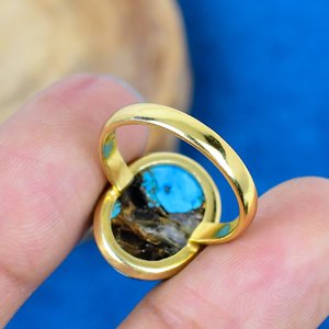 Natural Handmade Black Shell Copper Turquoise Oval Shape Gemstone <b>Ring</b> 18k Gold Micron Over 925 Sterling Silver <b>Ring</b> - Product Image 4