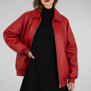 Veste en cuir naturel pour femme, véritable peau de mouton, bleue, avec fermeture éclair, design tendance, automne-hiver, respirante, logo lettré - Product Image 3