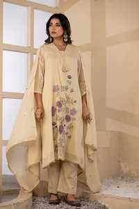 Premium Mul Cotton Beige Embroidered A Line Suit Set <b>Women</b> Ethnic <b>Kurta</b> with Matching Dupatta Boutique Wear - Product Image 2