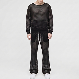 <b>Fishnet</b> Mesh Tracksuit Full Sleeve Crew Neck Loose Fit Flare Two Piece Streetwear Summer Drawstring Sheer Mesh Pants Set - Product Image 2
