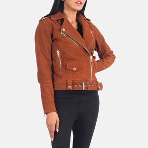 Brown <b>Suede</b> Women's Biker <b>Jacket</b> Belted Motorbike Coat Zipper Patch Pocket Casual Outerwear - Product Image 2