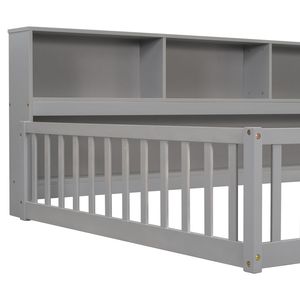 Grey Full Floor <b>Bed</b> with <b>Side</b> Bookcase Shelves & Guardrails - Product Image 6