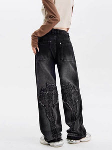 Pantalones de mezclilla negros de cintura alta y pierna ancha para hombre, con botones, estilo gótico, rasgados, desgastados, de algodón ecológico, estilo otoñal - Product Image 3
