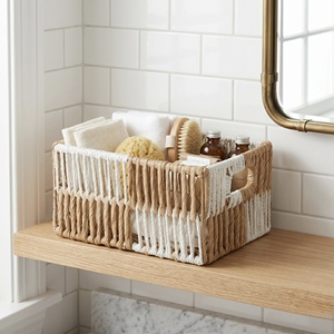 Stylish Two Tone Woven Rope Basket Rectangular <b>Storage</b> Container For Home <b>Bath</b> Organization Handwoven With Handles Eco Friendly - Product Image 3