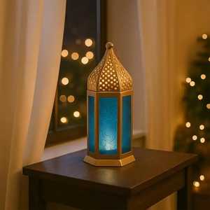 Hand Crafted Golden Lantern Hexagonal Shape Yellow Blue Red Glass Panel Geometric Arched Frame Dome Top Hanging Ring <b>Candle</b> Ambi - Product Image 6