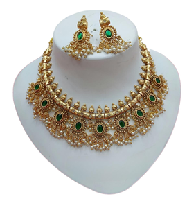 Parure de bijoux pour femme plaquée or style antique, avec pierres Kemp et Guttapuralu, collier ras-du-cou et boucles d'oreilles Jhumka assorties pour mariage - Product Image 5