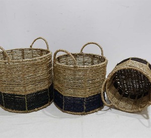 Panier de rangement rond en jonc de mer tressé à la main avec poignées pour cuisine, salle de bain, salon - Product Image 2