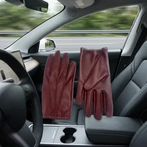 Gants de conduite unisexes en cuir bordeaux, à doigts entiers, toutes saisons, en cuir véritable, compatibles avec les écrans tactiles - Product Image 6