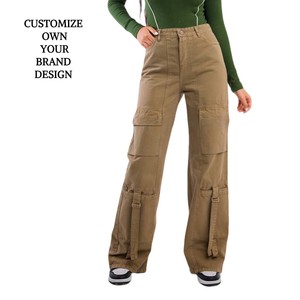 Clothing Brand Women Olive <b>Green</b> Cargo Pants Multiple Flap Pocket Custom Casual Jeans Outdoor Denim Woman Trouser Plus Size Pant - Product Image 2