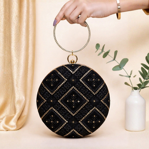 Bolso de Mano Redondo Negro Bordado, Bolso de Noche de Lujo para Bodas y Eventos para Mujer - Product Image 1