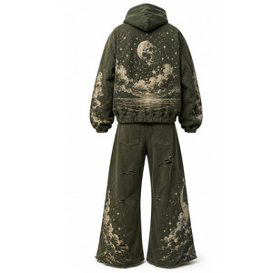 Ensemble de survêtement unisexe à imprimé lune, sweat-shirt à capuche zippé à manches longues en coton vieilli et pantalon évasé, tenue décontractée d'automne - Product Image 3