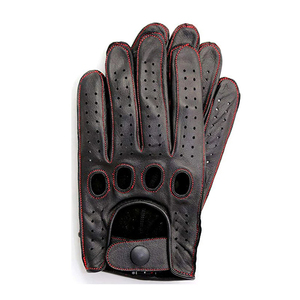 Classic Black Leather Driving <b>Gloves</b> for Men | <b>Red</b> Contrast Stitching & Perforated Design | Lightweight Unlined Summer Racing - Product Image 5