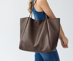 Sac fourre-tout en cuir véritable pour femme, couleur unie, fermeture ouverte, style minimaliste, usage quotidien, toutes saisons - Product Image 5