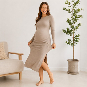Vestido de Maternidad de Manga Larga con Tejido Acanalado, Largo hasta la Pantorrilla, Cuello Redondo, Estilo Tubo, Color Natural, Transpirable, Tejido Modal con Spandex - Product Image 6