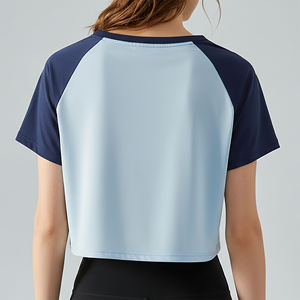Wholesale Women's Light Blue Navy Color Block Short Sleeve Crop <b>Top</b> O-Neck <b>Raglan</b> Sporty T-Shirt Quick Dry Knitted Regular Fit - Product Image 6