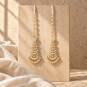 Pendientes de cadena larga chapados en oro con piedra azul aguamarina y perlas de imitación, joyería nupcial pakistaní, venta al por mayor de fábrica. - Product Image 5