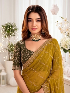 Blusa de Sari de Seda Verde Bordada AARA Fashion para Mujer, Tradicional India/Pakistaní, Larga hasta el Suelo, Ajuste Regular, Antiarrugas - Product Image 5