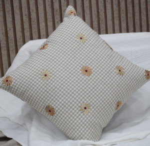 Beige Gingham Check Embroidered Daisy Cushion <b>Cover</b> 100% Linen Decorative Throw Pillow Case Farmhouse Cottage Home Decor - Product Image 3