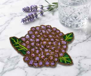 Sous-verre brodé à la main avec perles florales, motif fleur violet et or, sous-verre de luxe pour boissons, décoration de table, cadeau unique - Product Image 4