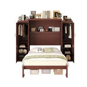 Multifunctional Full-Size Wooden Murphy <b>Bed</b> <b>with</b> 2 Wardrobe <b>Storage</b> Shelf Foldable <b>Platform</b> Bedframe by Gu - Product Image 5
