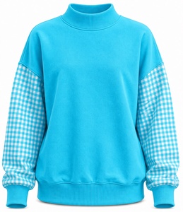 Sweat-shirt à col roulé turquoise avec manches à carreaux, coupe classique, en coton tricoté, haut décontracté d'automne, confortable pour tous les jours - Product Image 1