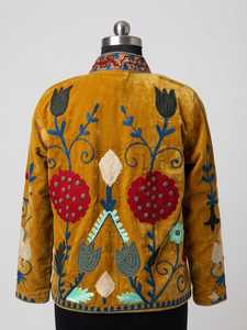 Veste Suzani jaune moutarde, faite à la main, brodée, veste pour femme, broderie indienne vintage Suzani, manteau bohème ethnique tribal - Product Image 3