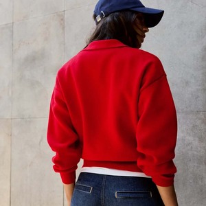 <b>Women's</b> <b>Red</b> Drop-Shoulder Knitted Cotton <b>Sweatshirt</b> Button Up Collar Three Quarter Sleeve Casual Autumn Wear - Product Image 3
