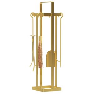 Il Set di strumenti per camini da 5 pezzi in metallo moderno da 32 \ "include la pala da Poker con scopa a spazzola e le pinze sono in oro - Product Image 1