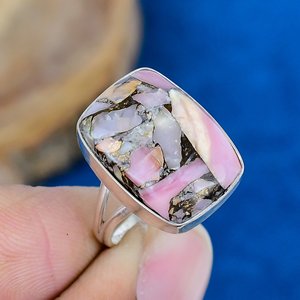 Natural Pink <b>Opal</b> Copper Cushion Shape Gemstone <b>Ring</b> 925 Sterling <b>Silver</b> - Product Image 1