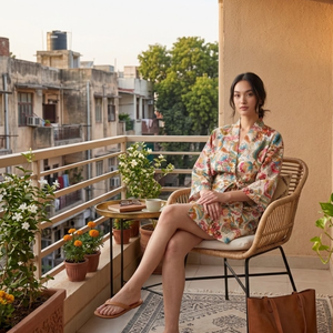 Robe kimono en coton biologique à fleurs, vente en gros |   Robe de chambre à imprimé artisanal avec poches |   Ensemble de vêtements de nuit à manches longues et col en V - Product Image 3