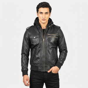 Hooded Distressed Black Leather Vintage Motorcycle Retro Biker <b>Jacket</b> Hooded Leather Bomber <b>Jacket</b> Men Latest <b>jacket</b> for men - Product Image 1