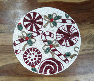 Candy Cane <b>Beaded</b> <b>Placemat</b> Handmade Christmas Table Mat Round Holiday Charger Plate Festive Dining Decor - Product Image 2