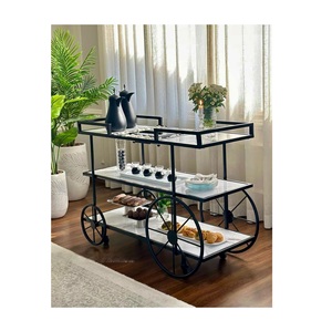 Chariot de bar à cocktails géométrique noir moderne à 3 niveaux avec plateau en marbre blanc, organisateur de boissons et présentoir à desserts sur roulettes - Product Image 3