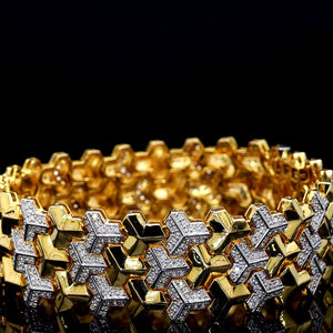 Brazalete de lujo de oro amarillo y blanco de 18 quilates con eslabones hexagonales y diamantes cultivados en laboratorio, diseño ancho para compromiso y boda, para mujer. - Product Image 1