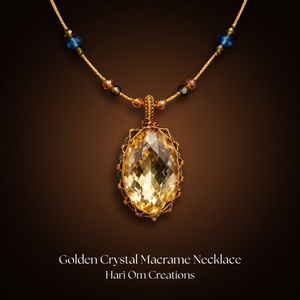 Collier Pendentif Macramé Fait Main avec Perles d'Eau Douce et Pierre Jaune Dorée Plaqué Platine, Bijou Bohème Guérison pour Fête - Product Image 5