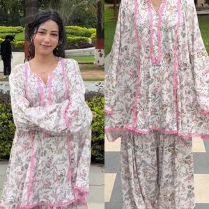 ชุดเสื้อผ้าลินินลายดอกไม้สำหรับผู้หญิง ชุดสามชิ้นแบบ Anarkali Kurti Salwar Kameez ทรงหลวมสำหรับงานปาร์ตี้ - Product Image 2