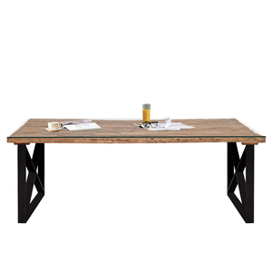 Table de salle à manger de style vintage en bois de récupération avec texture naturelle craquelée, plateau carré et pieds en fer industriel en forme de X pour cuisine et restaurant - Product Image 1