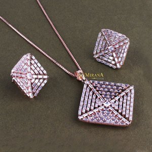 Rhodium Plated Brass CZ Pyramid Pendant Earring Set for Wedding Holiday - Product Image 2