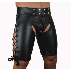 Men's Black PU Coated Bermuda Shorts High Waist Button Fly Geometric Pattern Moto Biker Style With Pockets - Product Image 5