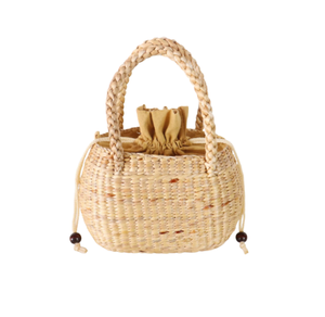 Bolso de mano artesanal de ratán tejido con asa superior trenzada y forro de algodón con cordón, bolso de verano natural de Vietnam - Product Image 2