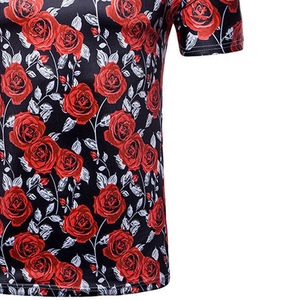 T-shirt à manches courtes pour homme, coupe ajustée, imprimé floral avec motif de roses rouges, 100% coton jersey élasthanne, col rond, vêtement décontracté - Product Image 6