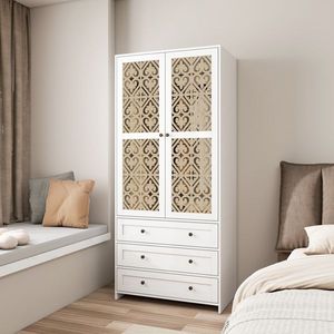 Armadio a 2 Ante e 3 Cassetti con Motivo Traforato, Colore Legno e Bianco, per Camere da Letto e Spogliatoi - Product Image 4