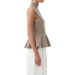 Débardeur en maille côtelée pour femme, couleur taupe, sans manches, col montant, coupe ajustée, avec ourlet peplum, haut de mode - Product Image 4