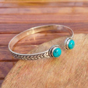 Boho Wave Manmade Turquoise Dual Stone Gold/<b>Silver</b> Plated Handmade Open <b>Cuff</b> Bangle Jewelry - Product Image 4